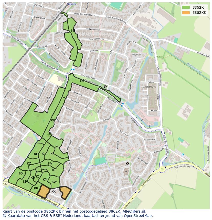 Afbeelding van het postcodegebied 3862 KK op de kaart.