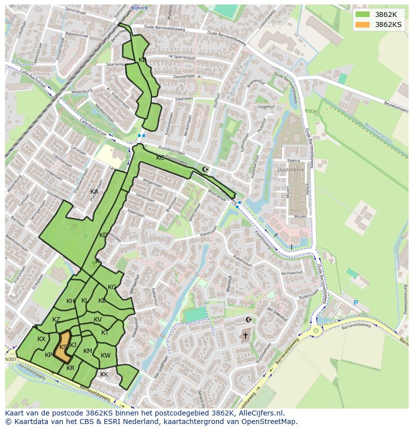 Afbeelding van het postcodegebied 3862 KS op de kaart.