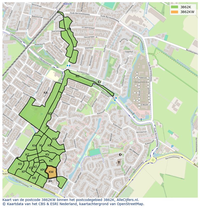 Afbeelding van het postcodegebied 3862 KW op de kaart.