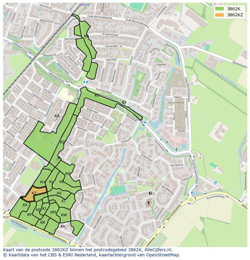 Afbeelding van het postcodegebied 3862 KZ op de kaart.