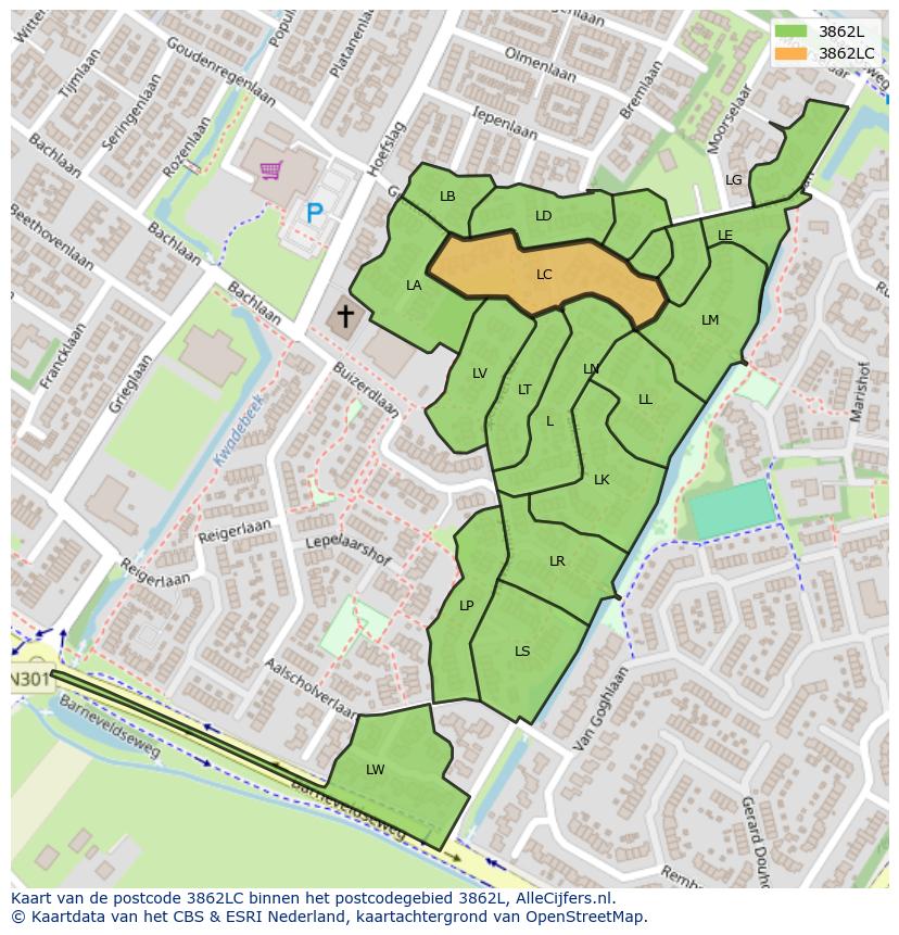 Afbeelding van het postcodegebied 3862 LC op de kaart.