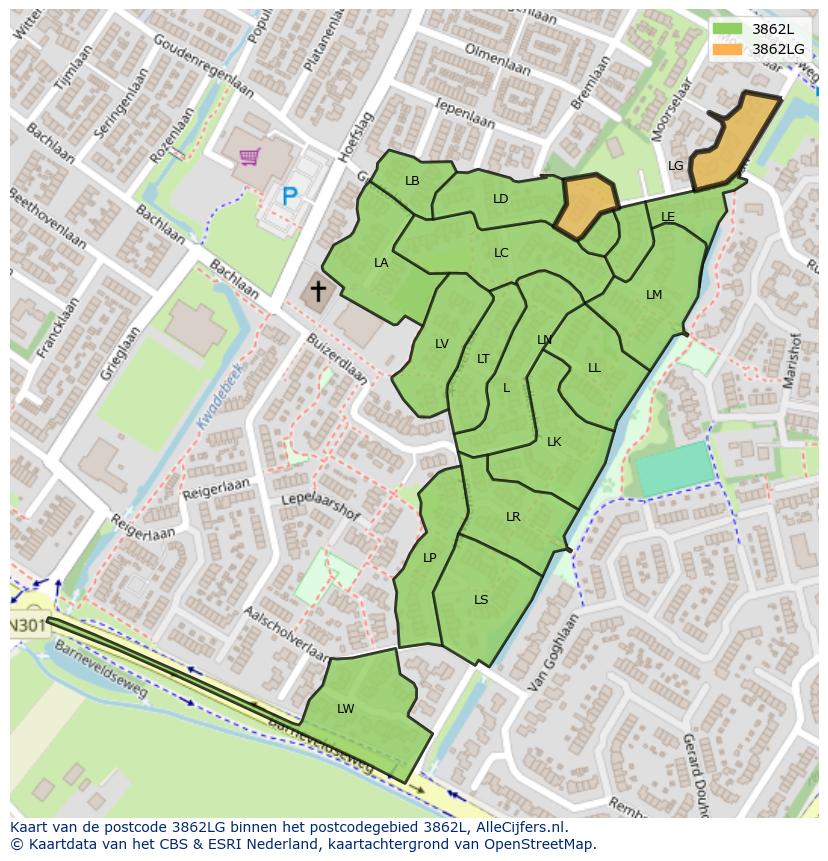 Afbeelding van het postcodegebied 3862 LG op de kaart.
