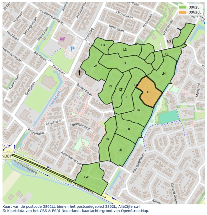Afbeelding van het postcodegebied 3862 LL op de kaart.