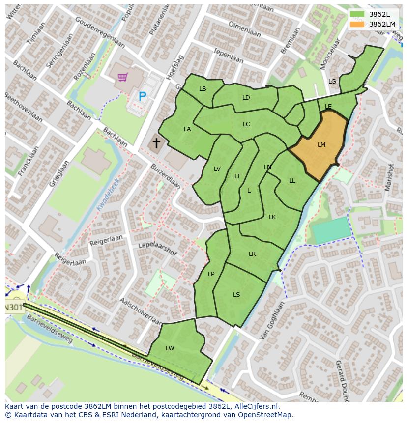 Afbeelding van het postcodegebied 3862 LM op de kaart.