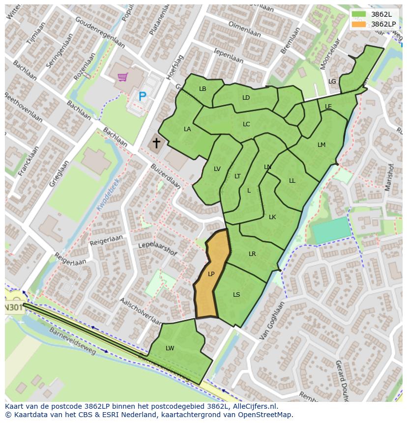 Afbeelding van het postcodegebied 3862 LP op de kaart.