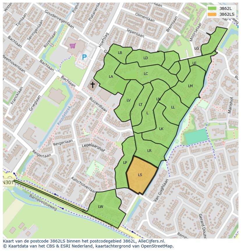 Afbeelding van het postcodegebied 3862 LS op de kaart.