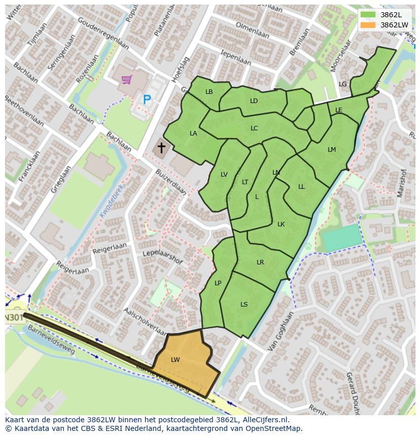 Afbeelding van het postcodegebied 3862 LW op de kaart.