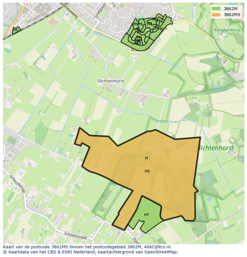 Afbeelding van het postcodegebied 3862 MS op de kaart.