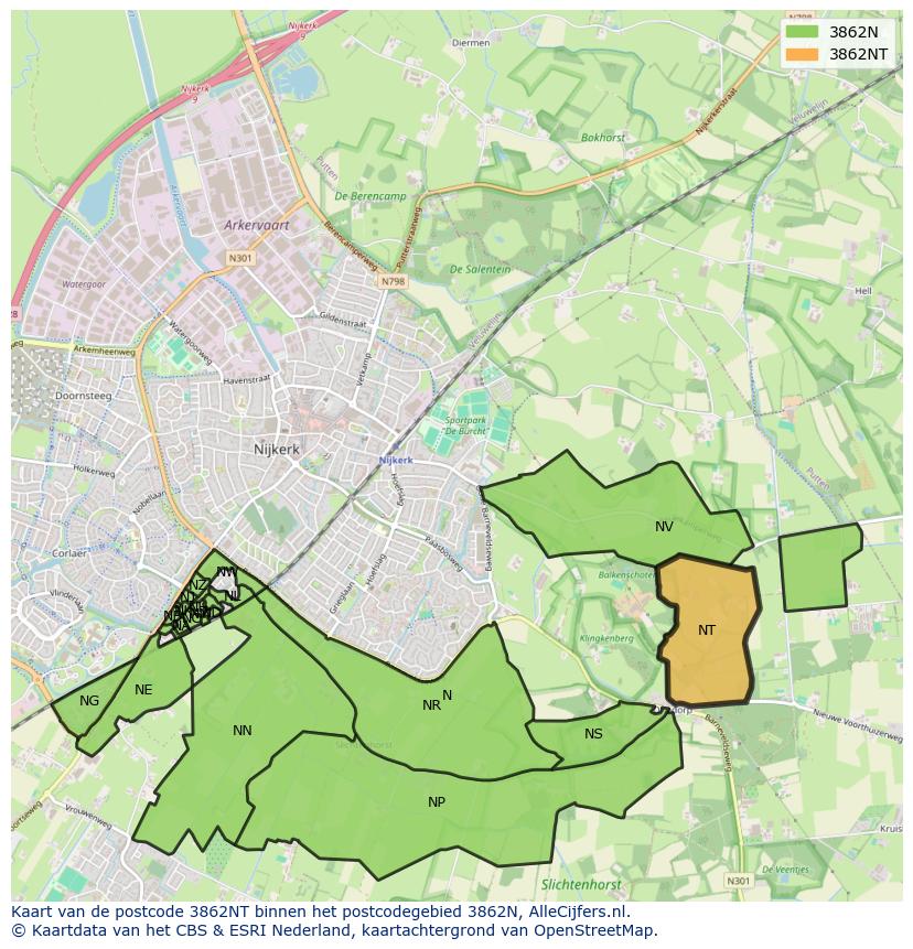 Afbeelding van het postcodegebied 3862 NT op de kaart.