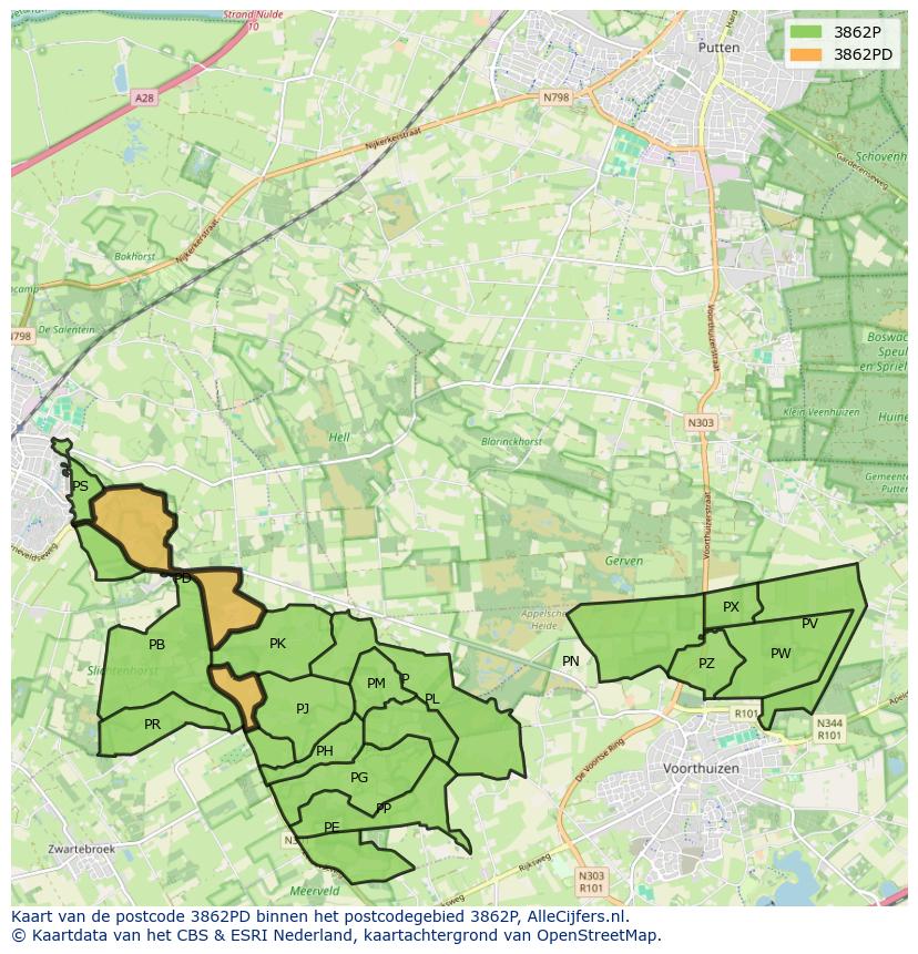 Afbeelding van het postcodegebied 3862 PD op de kaart.
