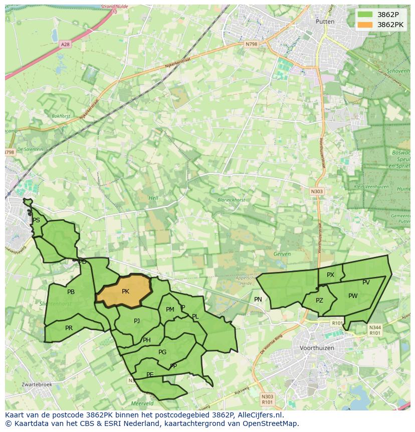Afbeelding van het postcodegebied 3862 PK op de kaart.