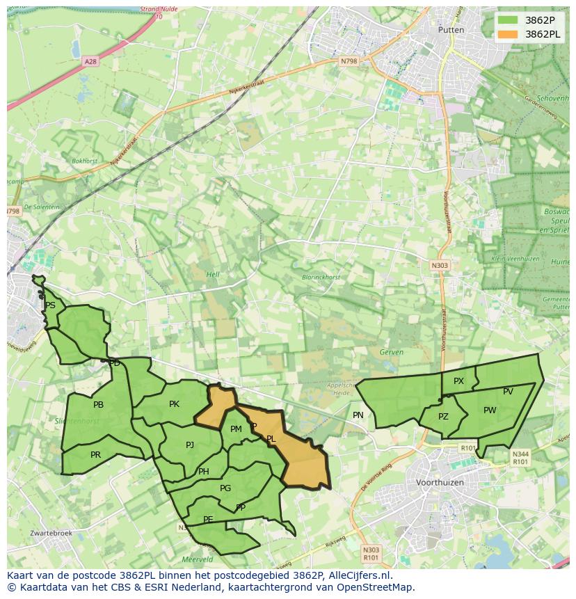 Afbeelding van het postcodegebied 3862 PL op de kaart.
