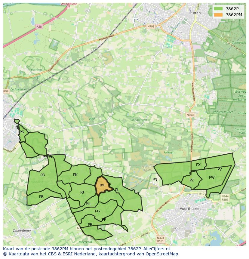 Afbeelding van het postcodegebied 3862 PM op de kaart.