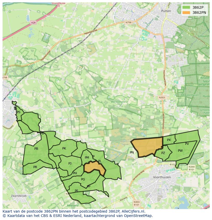 Afbeelding van het postcodegebied 3862 PN op de kaart.