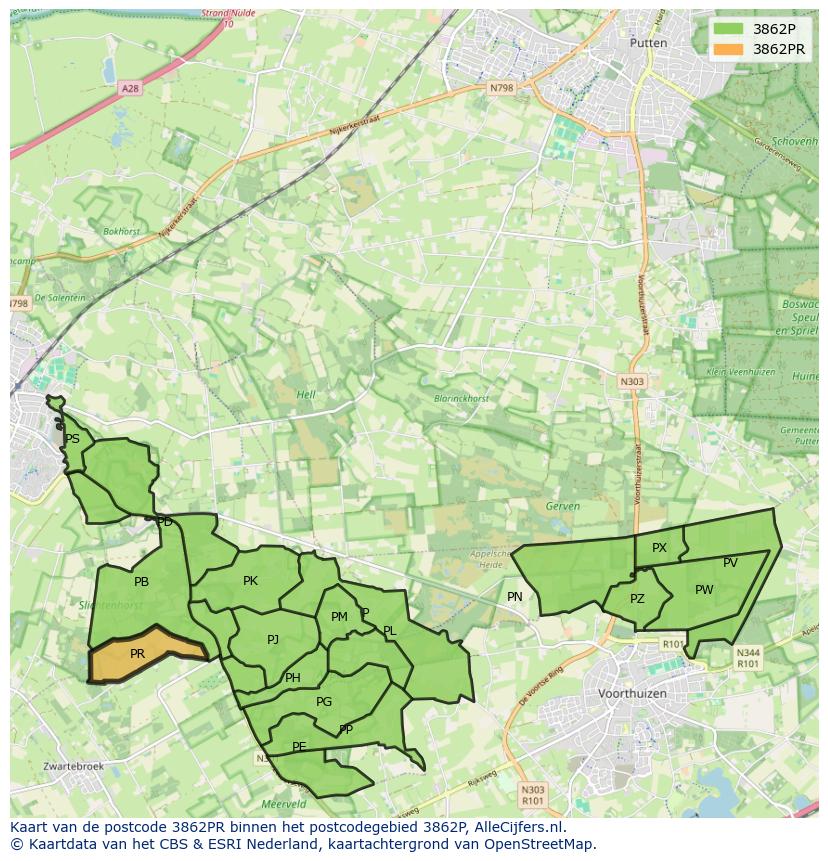 Afbeelding van het postcodegebied 3862 PR op de kaart.