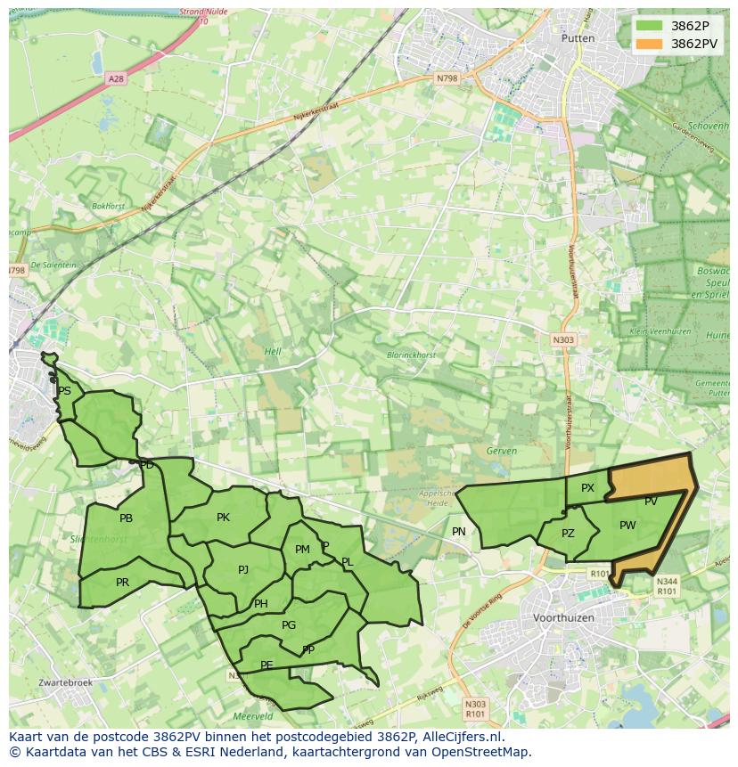 Afbeelding van het postcodegebied 3862 PV op de kaart.
