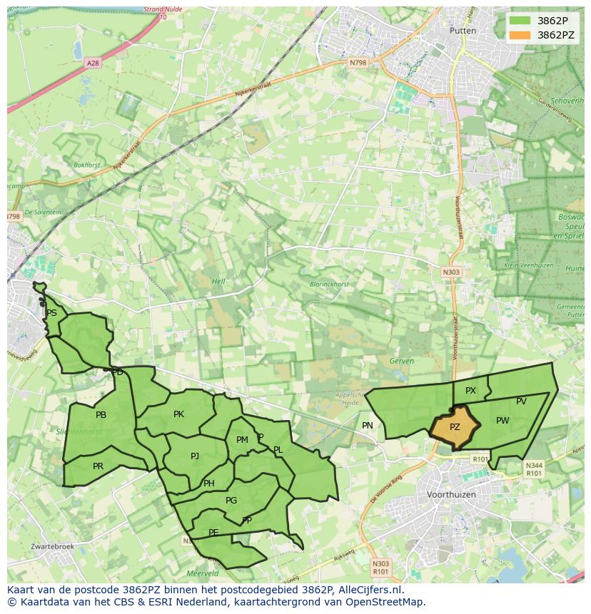 Afbeelding van het postcodegebied 3862 PZ op de kaart.