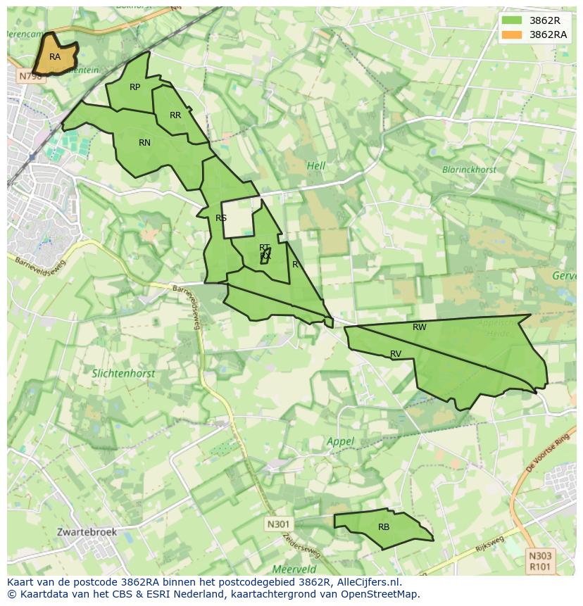 Afbeelding van het postcodegebied 3862 RA op de kaart.