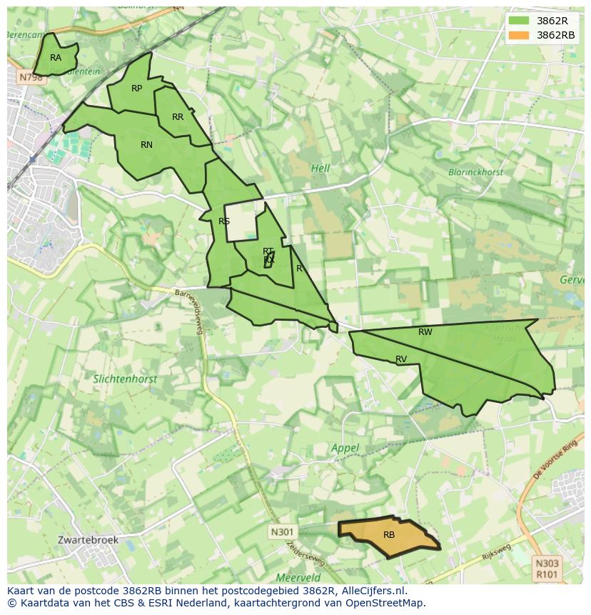Afbeelding van het postcodegebied 3862 RB op de kaart.