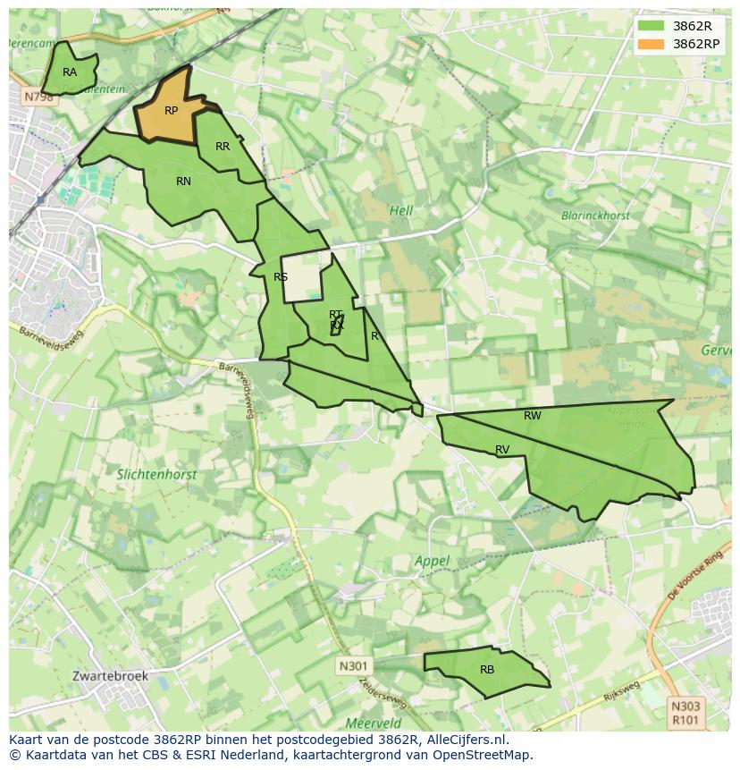 Afbeelding van het postcodegebied 3862 RP op de kaart.