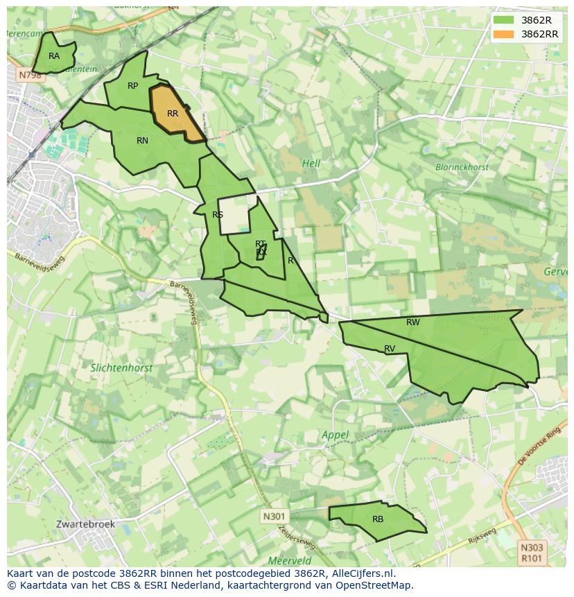 Afbeelding van het postcodegebied 3862 RR op de kaart.