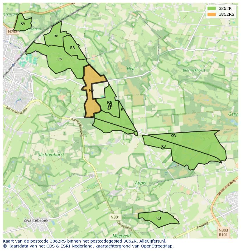 Afbeelding van het postcodegebied 3862 RS op de kaart.