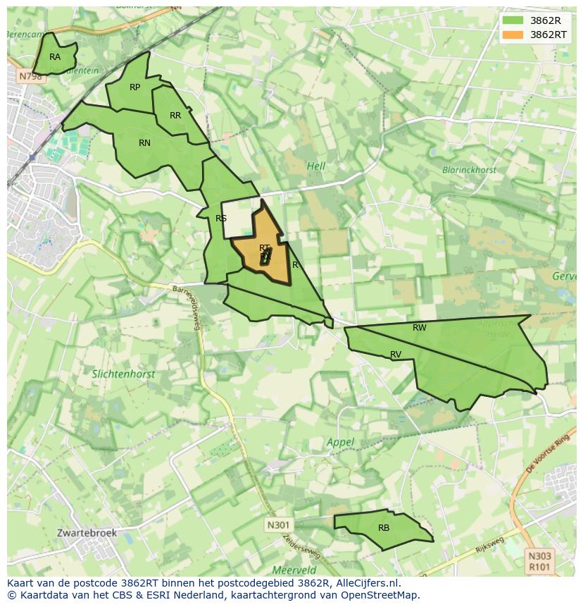 Afbeelding van het postcodegebied 3862 RT op de kaart.