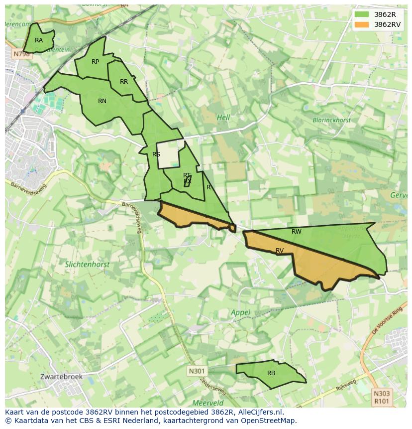 Afbeelding van het postcodegebied 3862 RV op de kaart.
