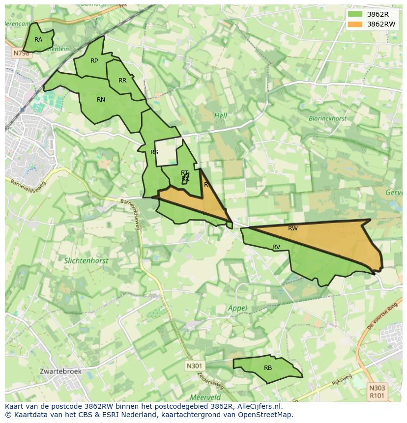 Afbeelding van het postcodegebied 3862 RW op de kaart.