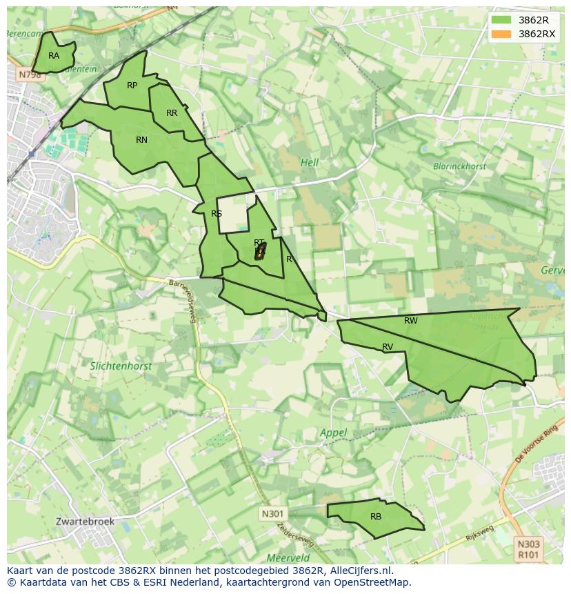 Afbeelding van het postcodegebied 3862 RX op de kaart.
