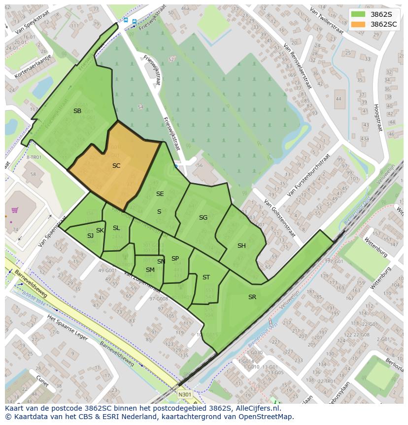 Afbeelding van het postcodegebied 3862 SC op de kaart.