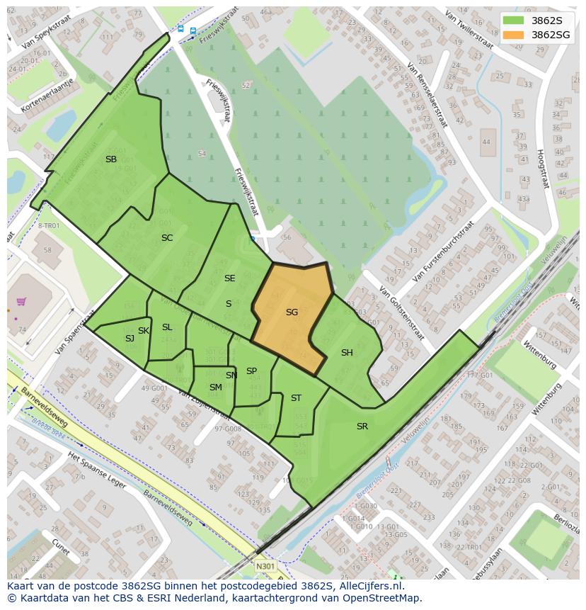 Afbeelding van het postcodegebied 3862 SG op de kaart.