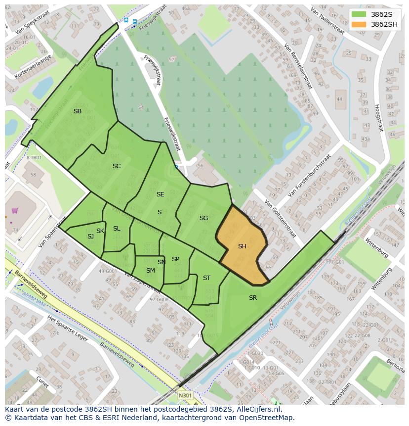Afbeelding van het postcodegebied 3862 SH op de kaart.