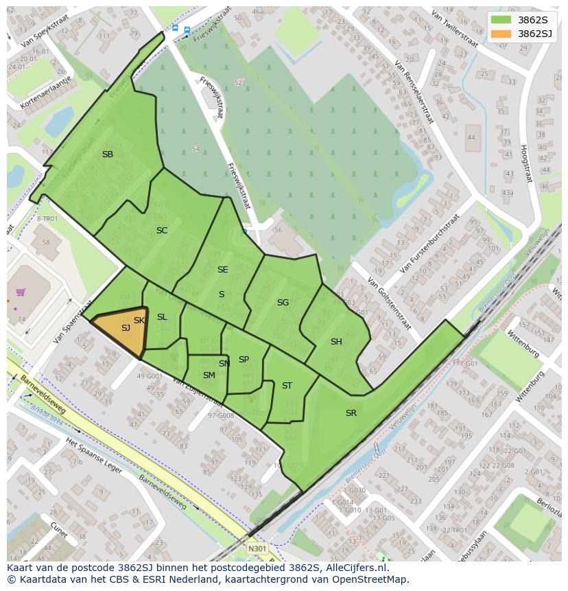 Afbeelding van het postcodegebied 3862 SJ op de kaart.