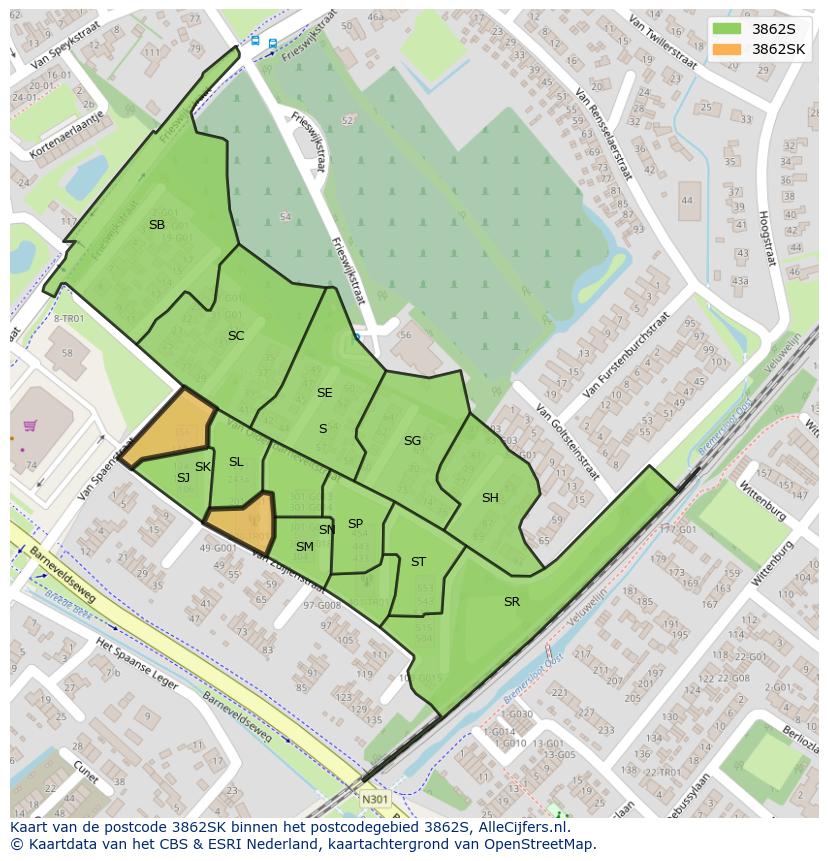 Afbeelding van het postcodegebied 3862 SK op de kaart.