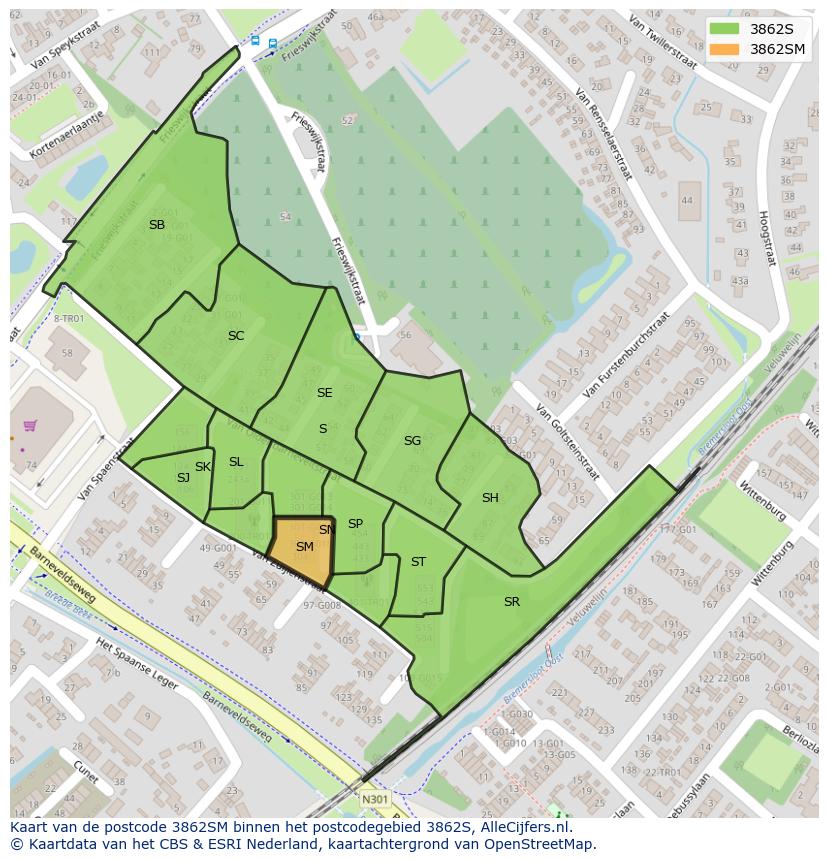 Afbeelding van het postcodegebied 3862 SM op de kaart.