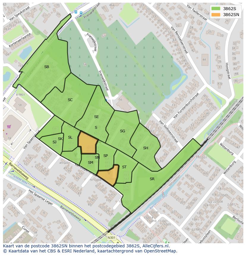 Afbeelding van het postcodegebied 3862 SN op de kaart.