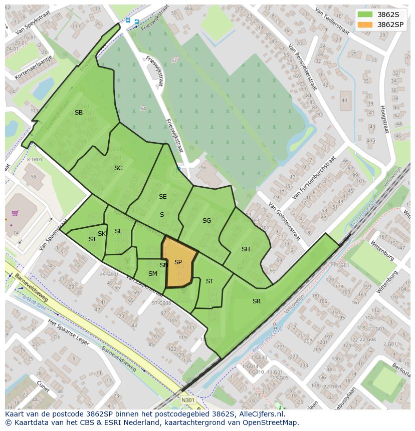 Afbeelding van het postcodegebied 3862 SP op de kaart.