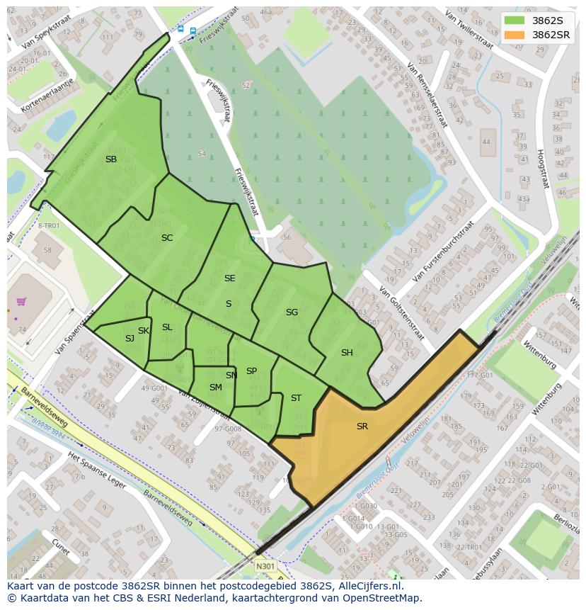 Afbeelding van het postcodegebied 3862 SR op de kaart.