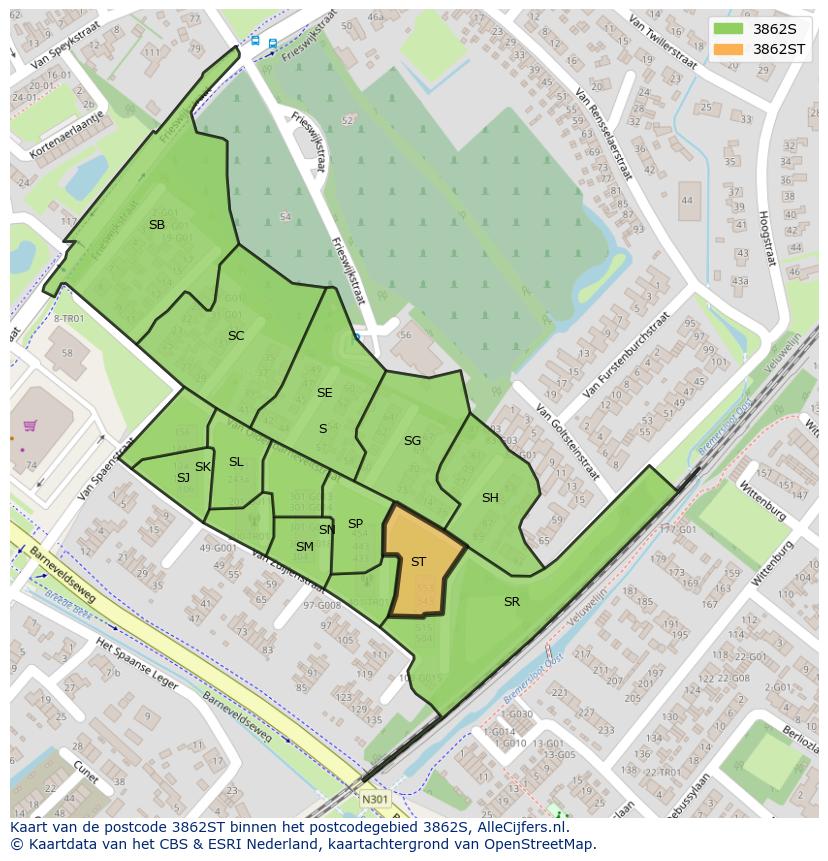 Afbeelding van het postcodegebied 3862 ST op de kaart.