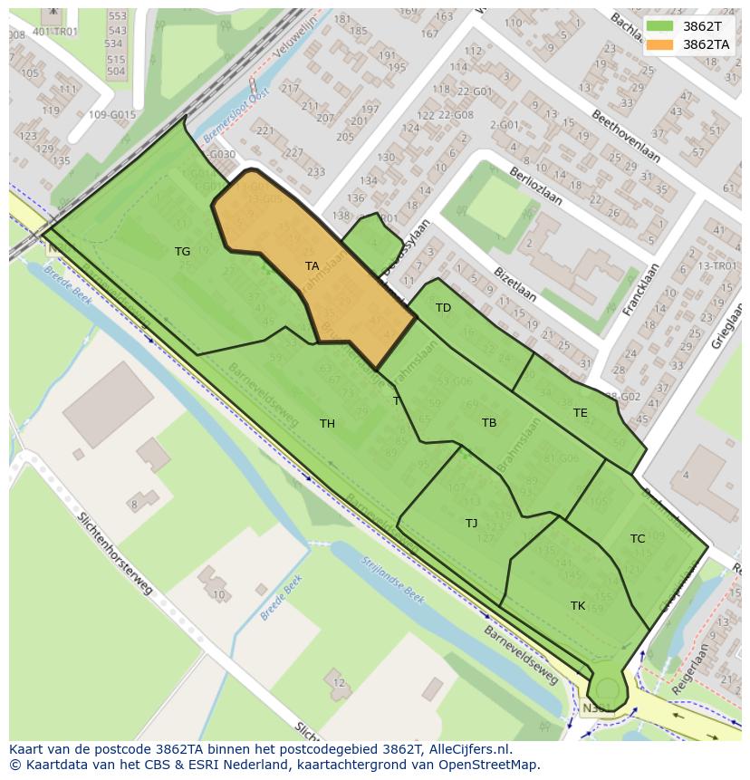 Afbeelding van het postcodegebied 3862 TA op de kaart.