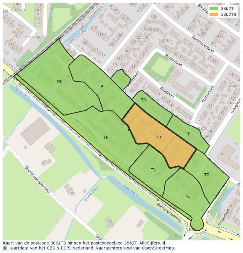 Afbeelding van het postcodegebied 3862 TB op de kaart.