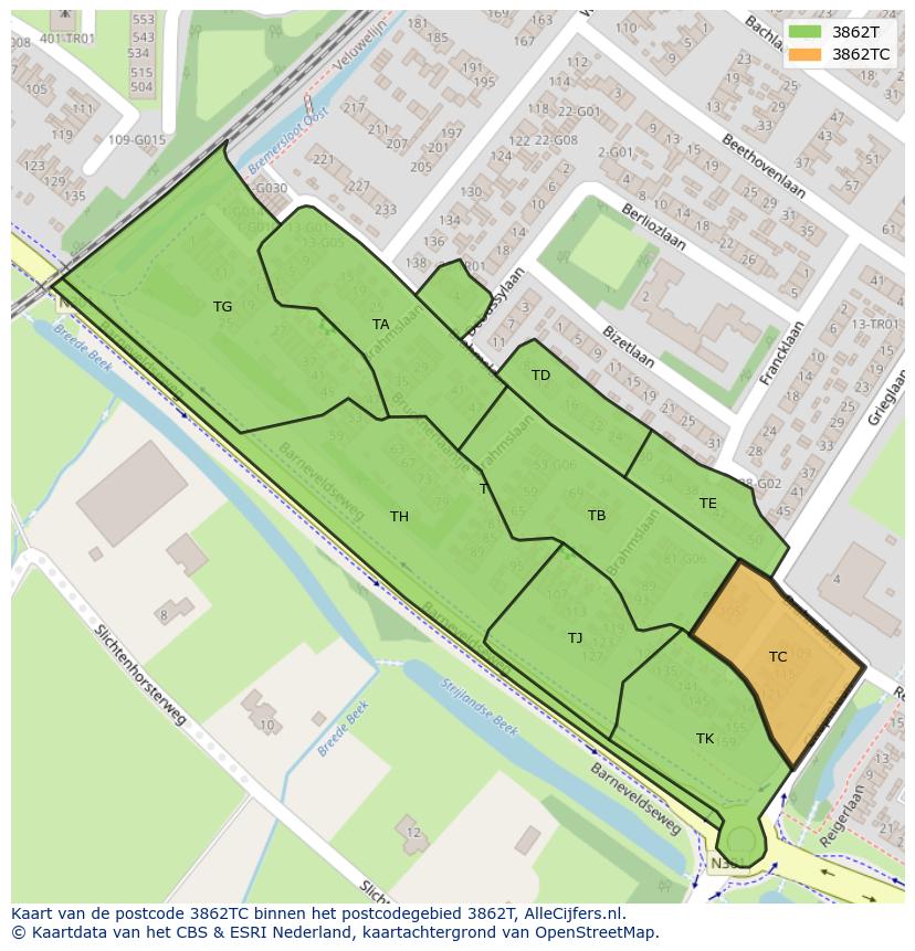 Afbeelding van het postcodegebied 3862 TC op de kaart.