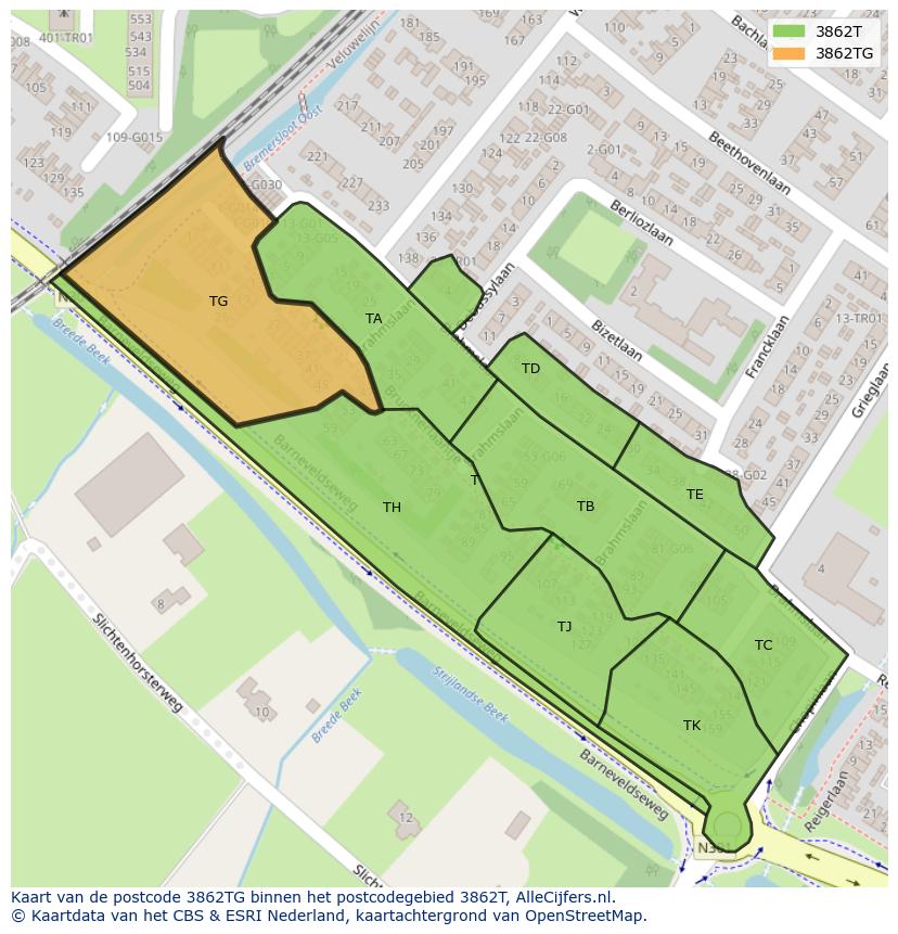 Afbeelding van het postcodegebied 3862 TG op de kaart.