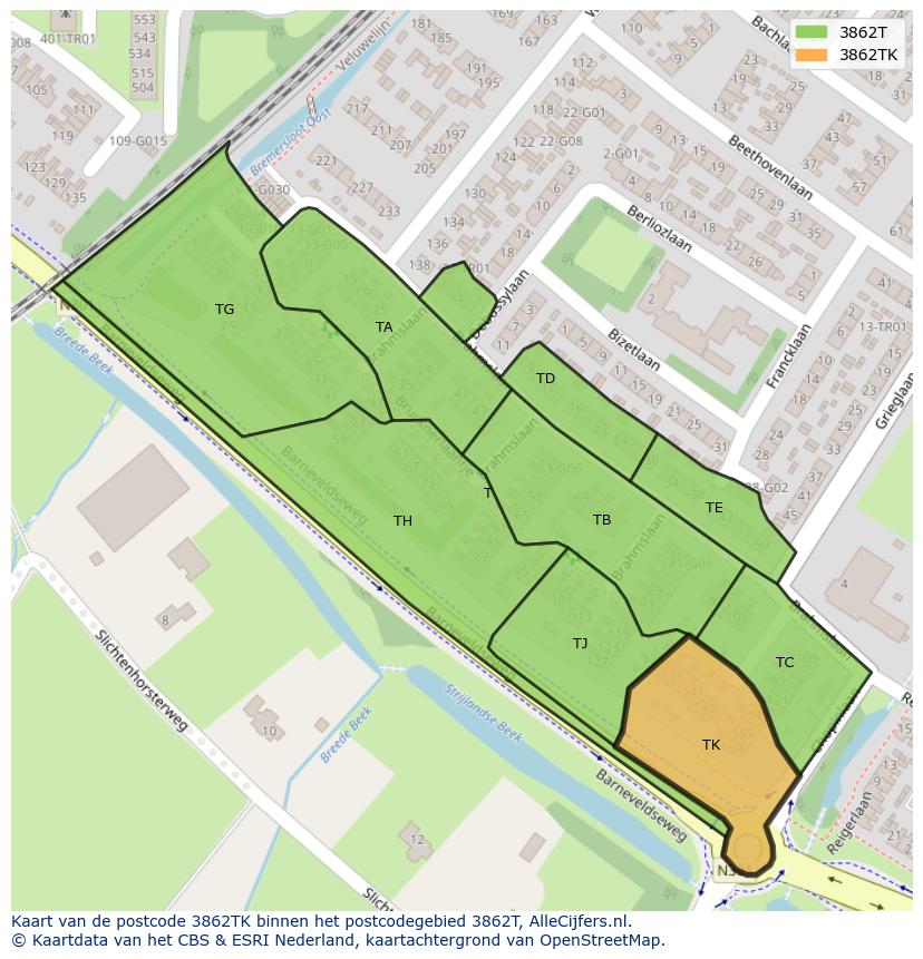 Afbeelding van het postcodegebied 3862 TK op de kaart.