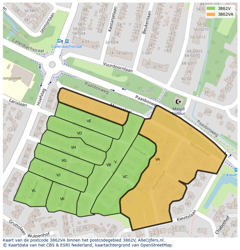 Afbeelding van het postcodegebied 3862 VA op de kaart.