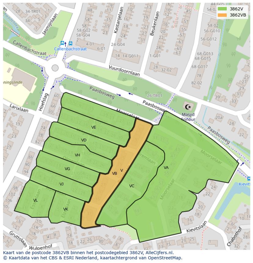 Afbeelding van het postcodegebied 3862 VB op de kaart.