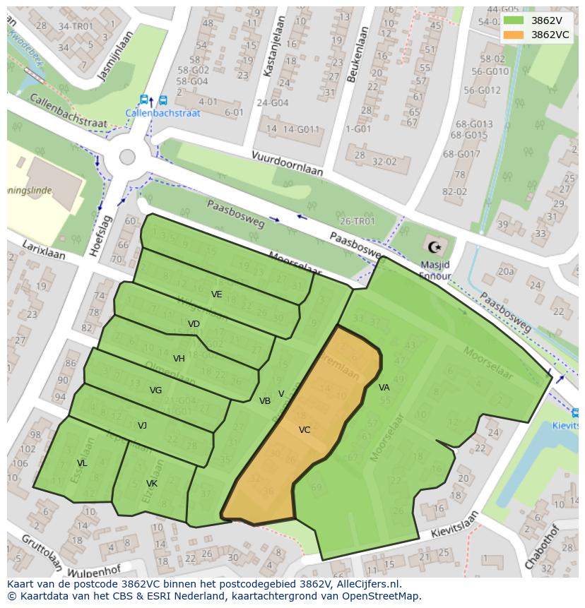 Afbeelding van het postcodegebied 3862 VC op de kaart.