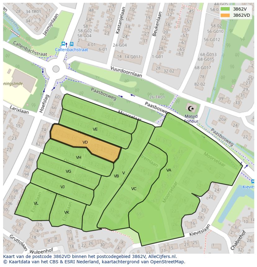 Afbeelding van het postcodegebied 3862 VD op de kaart.