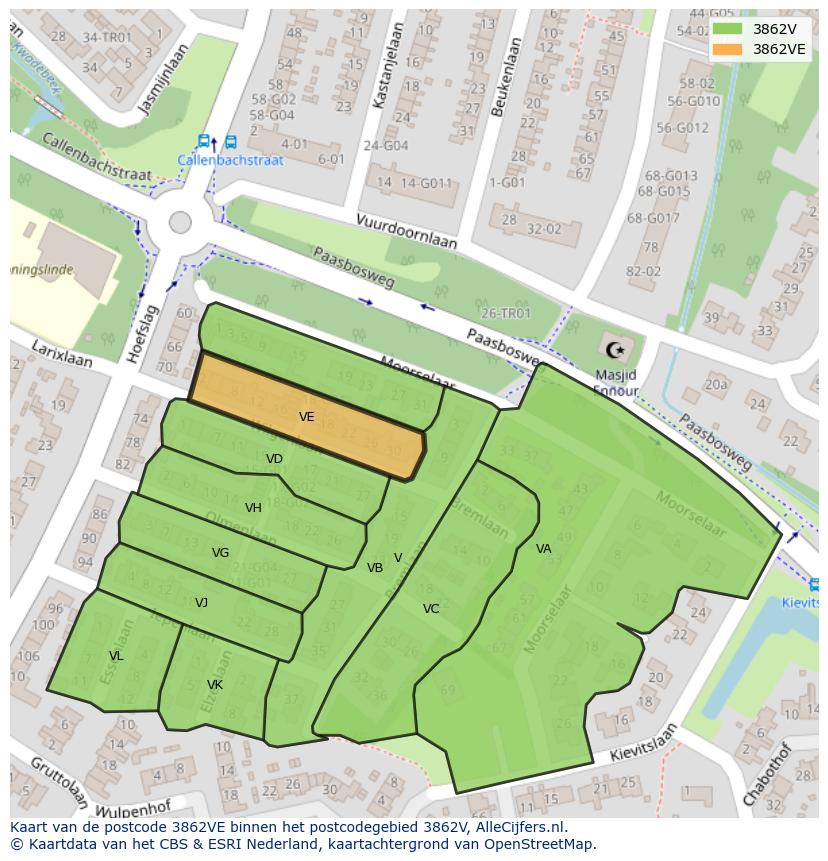 Afbeelding van het postcodegebied 3862 VE op de kaart.